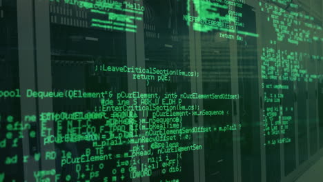 green code and data processing animation over server racks in data center