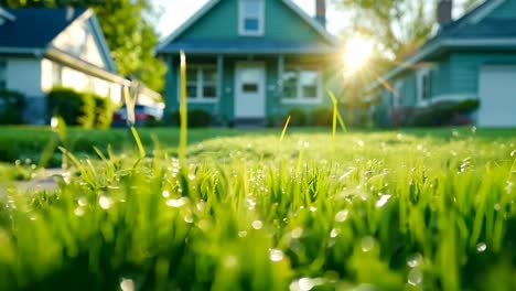 a house with a lawn in front of it with water droplets on it