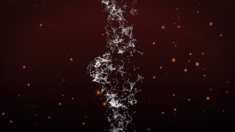 animación de ondas digitales de redes de plexo girando y brillando manchas naranjas sobre fondo rojo.