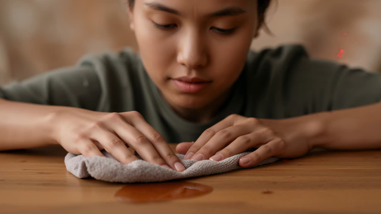 Noticing red spill, teen in olive tee folding, pressing cloth on kitchen table, cleaning