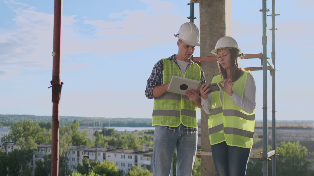 ingenieros constructores hombre y mujer de pie en el techo del edificio con una tableta informática discutiendo en cascos y camisas blancas.