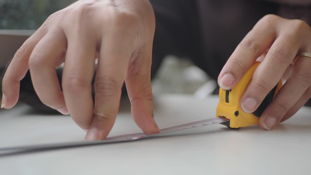 Close Up of Hands Pulling Out and Using a Measuring Tape