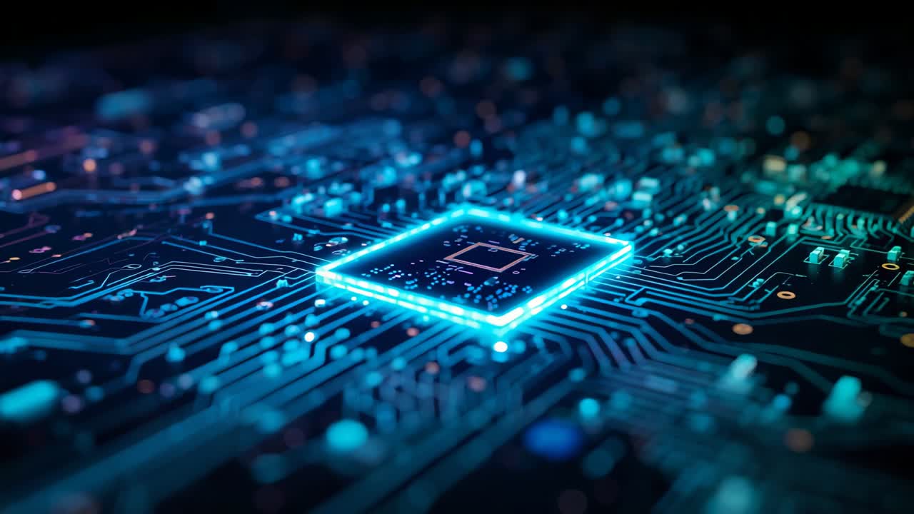 Pulsing microchip lighting PCB under neon glow in lab revealing copper traces, capacitors