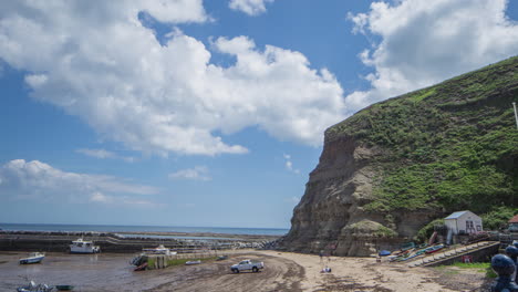 North-York-Moors,-Heritage-Coast,-Staites-Time-Lapse-Across-Harbour,-Beach-Headland-Clip-2