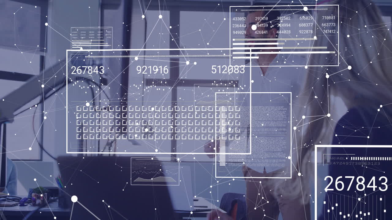 animación del procesamiento de datos financieros sobre diversas personas de negocios en la oficina
