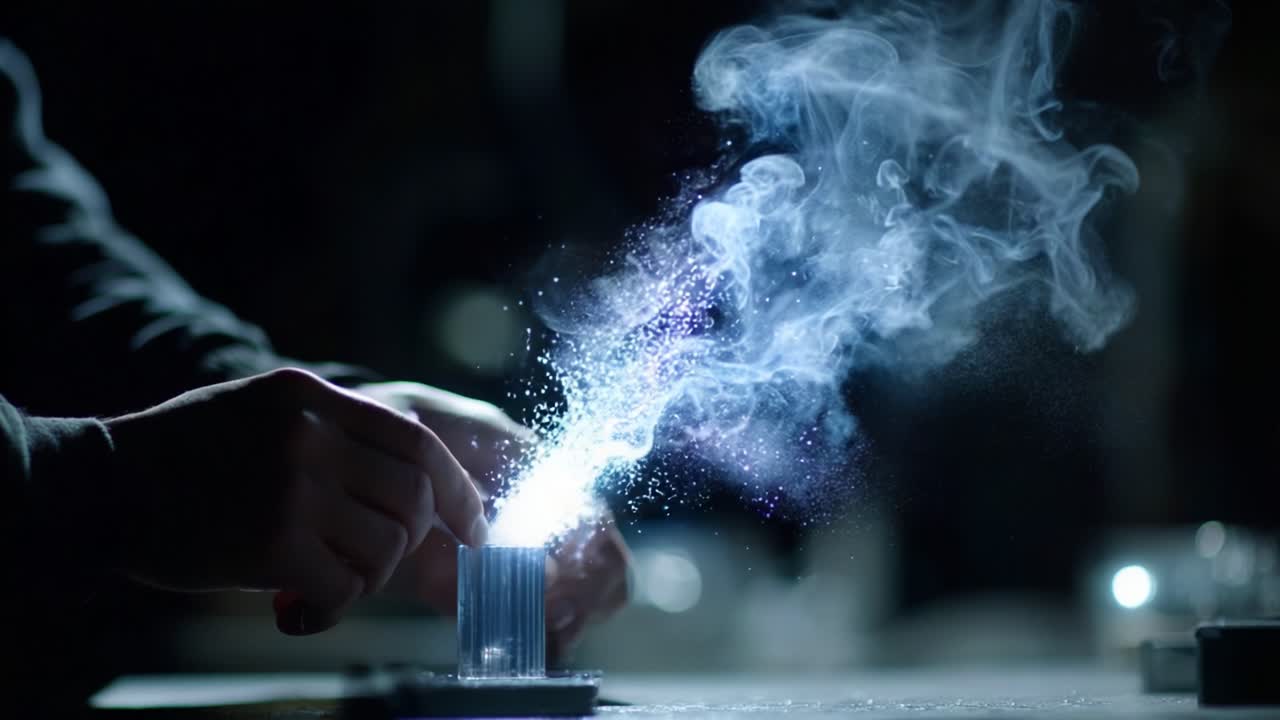 A Mysterious Particle Experiment Unfolds: Spectacular Visuals of Sparkling Dust and Ethereal Smoke Emanating from a Clear Container in a Dimly Lit Laboratory Environment