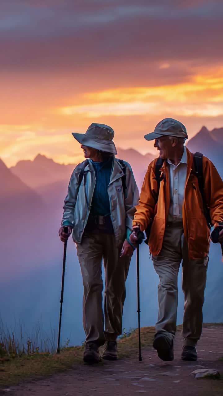 Joyful Seniors Hiking Together at Sunset: A Beautiful Journey Amidst Nature's Splendor and Majestic Mountains, Enjoying Each Other's Company and Adventure