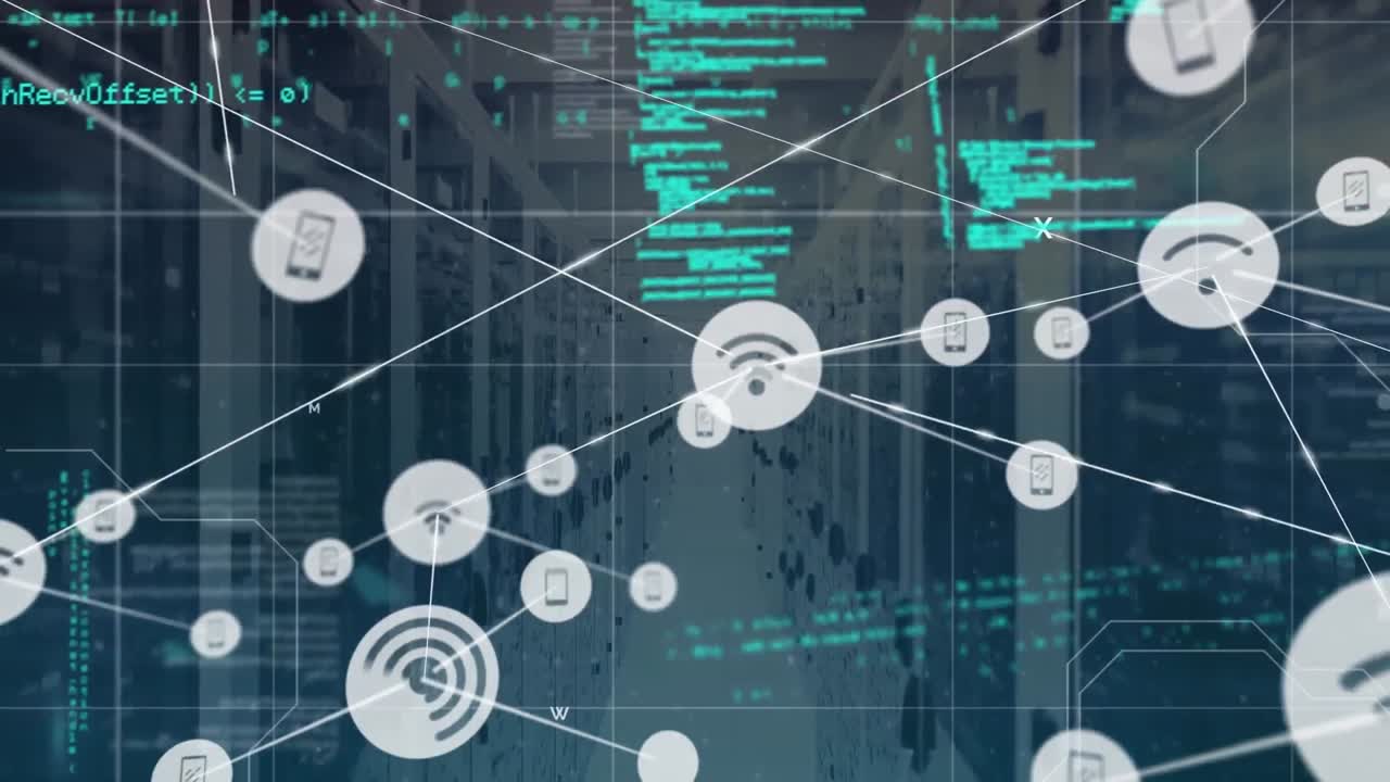 Animation of network of digital icons and data processing against computer server room