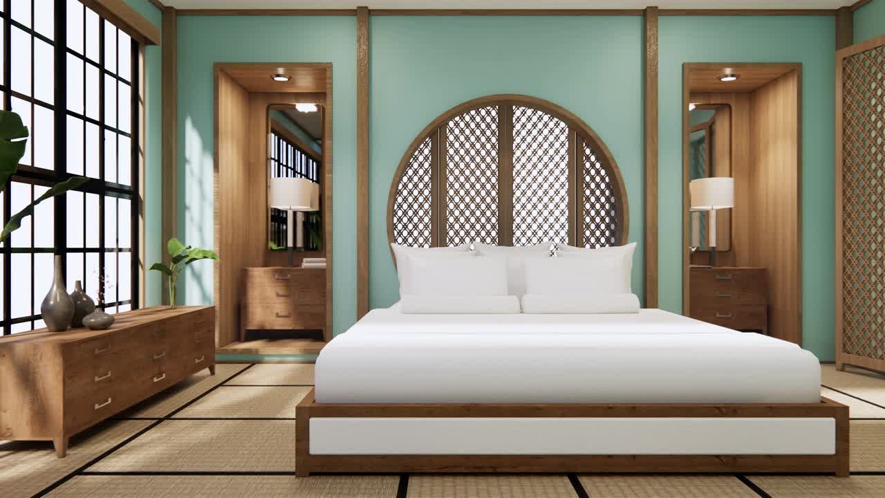 Desain Dinding Rak Lingkaran Cyan Mint di kamar tidur desain Jepang dengan lantai tikar tatami. Render 3D