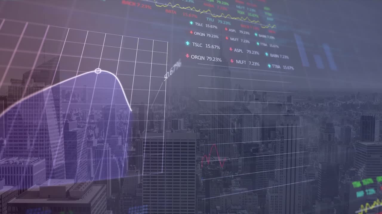 도시 풍경 위의 금융 데이터 처리 애니메이션