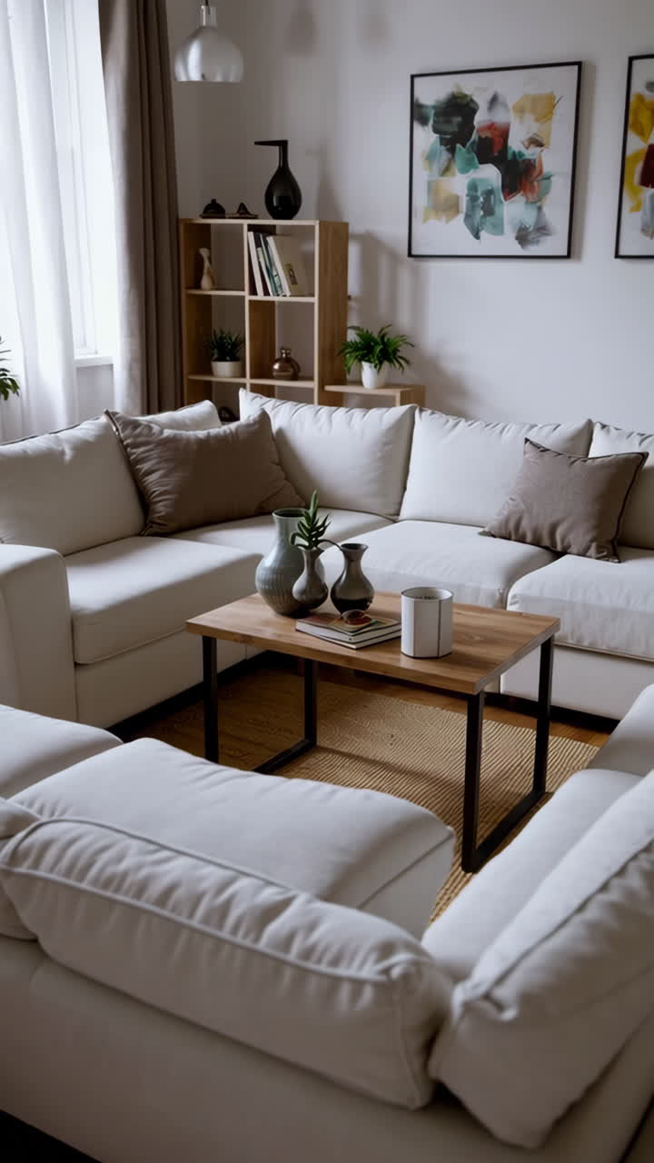 Un soggiorno moderno e accogliente con un grande divano angolare bianco ed elementi decorativi