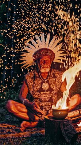 shaman with traditional headdress and clothing sits cross legged at night, performing a ritual with fire and sparks rising from a bowl, creating a mystical atmosphere