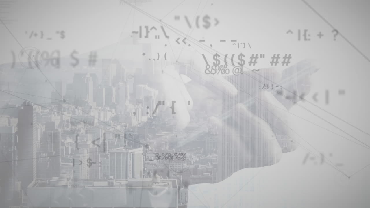 스마트 폰을 사용하여 사람의 중간 부분에 대한 연결 네트워크와 변화하는 기호의 애니메이션