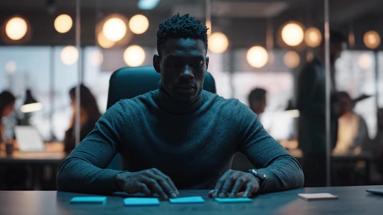 A focused individual strategizing with sticky notes in a modern office environment, illuminated by ambient lighting while colleagues collaborate in the background.