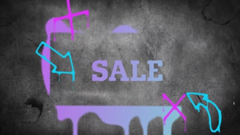 Animation-of-sale-text-in-purple-with-sprayed-shapes-over-distressed-grey-background
