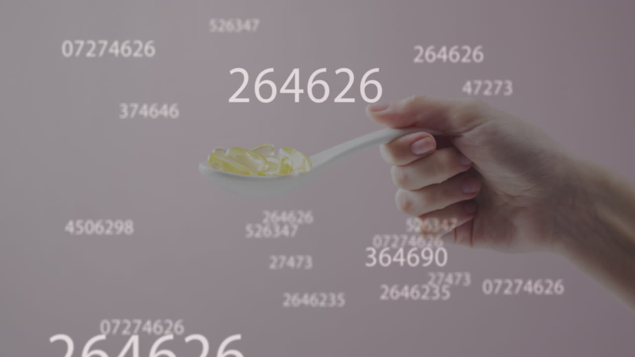Animation of data processing over hand of caucasian woman holding spoon with pills