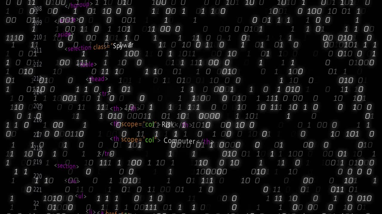 Starter med et HTML-snippet, binære cifre kaskader, sikkerhedsbegreber toner ind, der viser cybertrusler.