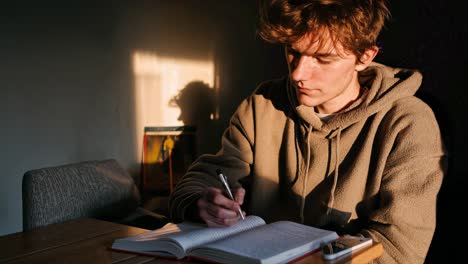 concentrating young man writing notes in a notebook while seated at a wooden table, basking in a warm ray of sunlight filtering through the window, creating a cozy atmosphere
