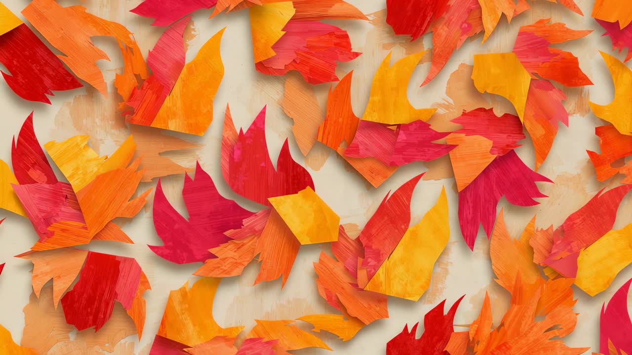 Filling cut-paper leaf shapes covering beige display backing, creating warm autumnal collage mosaic