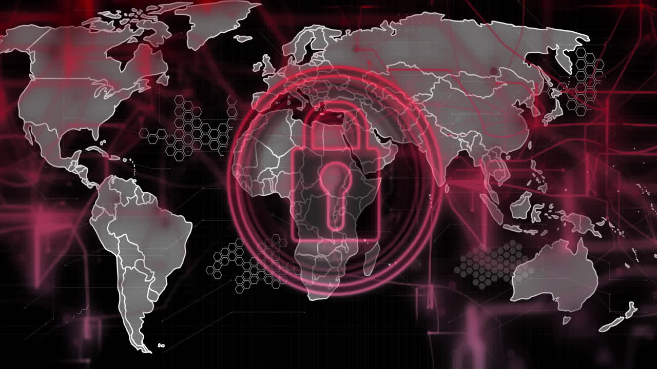 símbolo de cerradura y mapa global con patrones hexagonales, animación de ciberseguridad