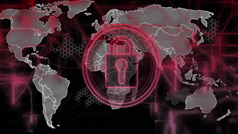 Lock-symbol-and-global-map-with-hexagonal-patterns,-cybersecurity-animation