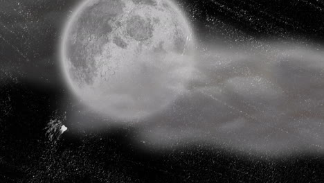 animation of white scratches over white cloud moving across the moon in night sky