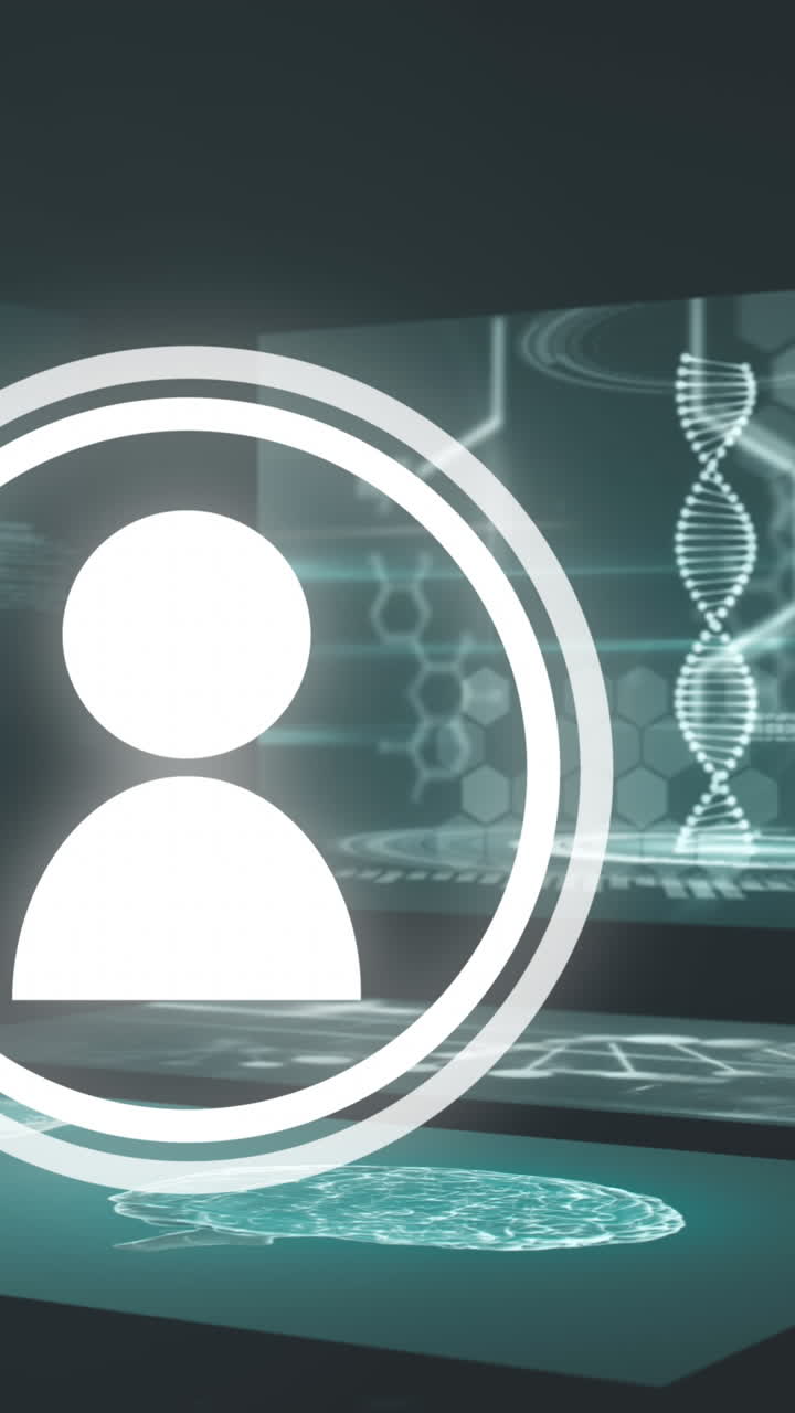 Animation of media icon and data processing on black background