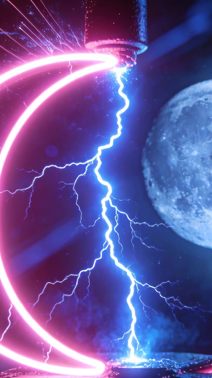 Video verticale: Emettitore che scintilla inviando un arco blu alla base di notte, mezzelune al neon che pulsano per una dimostrazione.