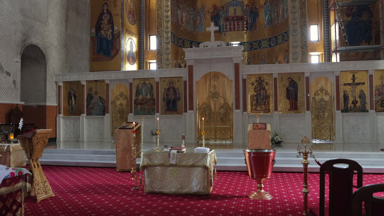 Orthodox Church Interior with Iconostasis and Mosaics