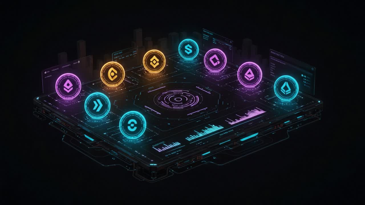 An Advanced Digital Interface Featuring Floating Symbols Representing Various Cryptographic Elements and Their Interactions with Dynamic Visual Graphs in a Futuristic Setting