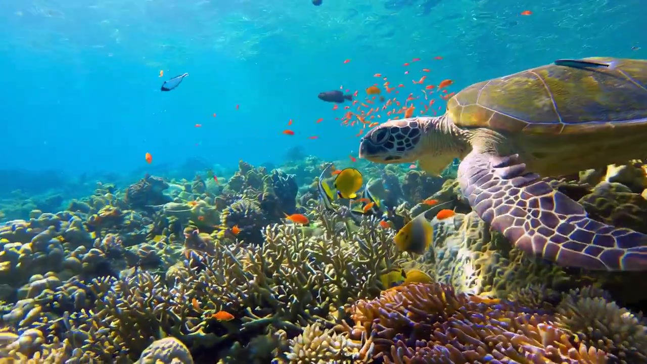 Tortuga marina nadando sobre un arrecife de coral vibrante con peces de colores