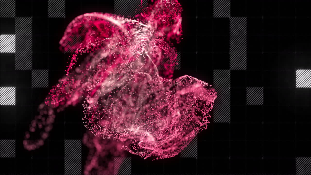 Abstract red and white particles forming dynamic shapes, digital art animation