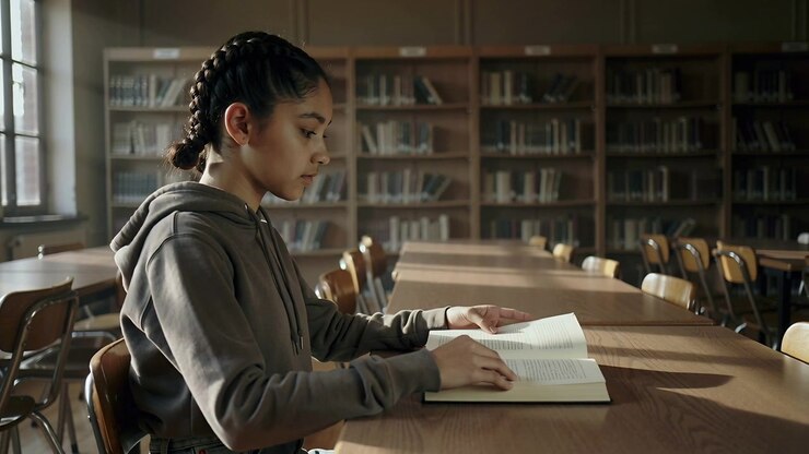 Sittende student i grå hettegenser blar i sider ved skolebibliotekbord, holder innbundet bok