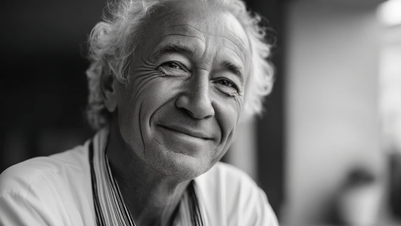 Un anziano signore gioioso con capelli grigi ricci sorride calorosamente in un ambiente accogliente e illuminato con luce soffusa, mostrando la bellezza dell'invecchiamento e della felicità nella fotografia in bianco e nero.