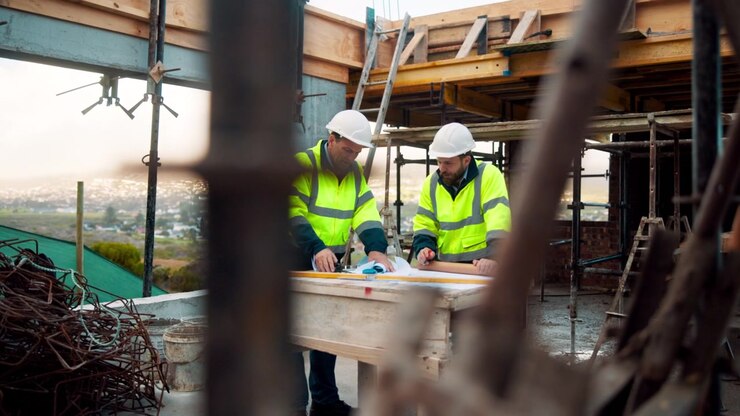 Construction Workers Reviewing Blueprints on Site
