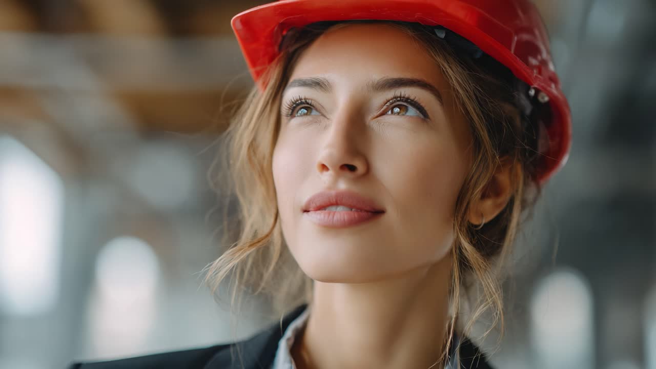 A confident woman with a construction helmet gazes upwards, embodying determination and inspiration in a professional setting, ready to tackle challenges ahead