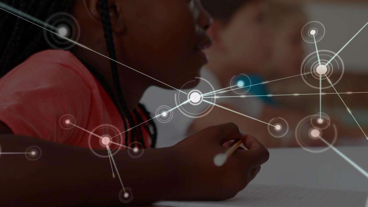 Girl holding pencil answering at desk, small circle appearing, growing into HUD mesh showing lesson