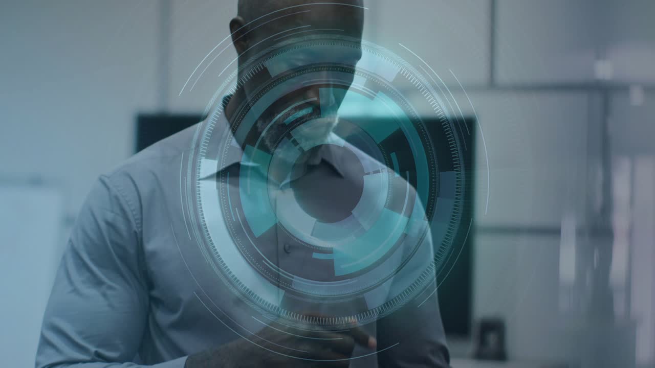 Business professional tapping tablet, hologram emerging, manipulating tech UI rings for analysis