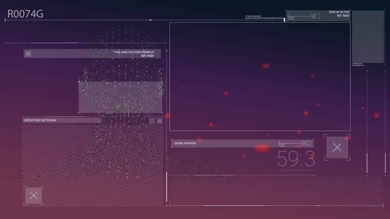 Animation of molecules and red spots over dna strand and data processing on black background