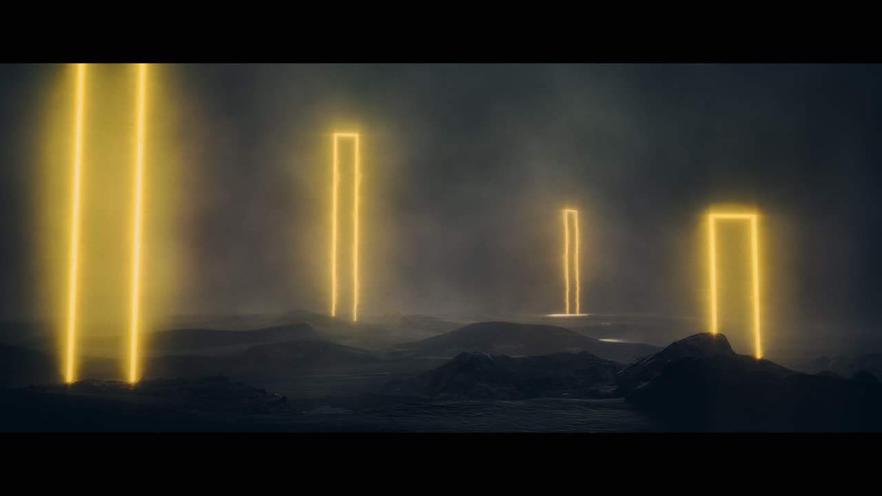 Rocky landscape with huge yellow light portal structures
