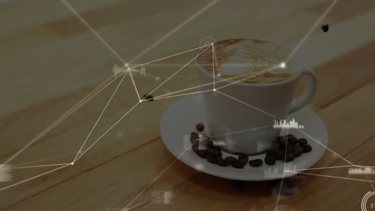 White ceramic coffee cup being visualized in 3D render, on table with network nodes, coffee beans