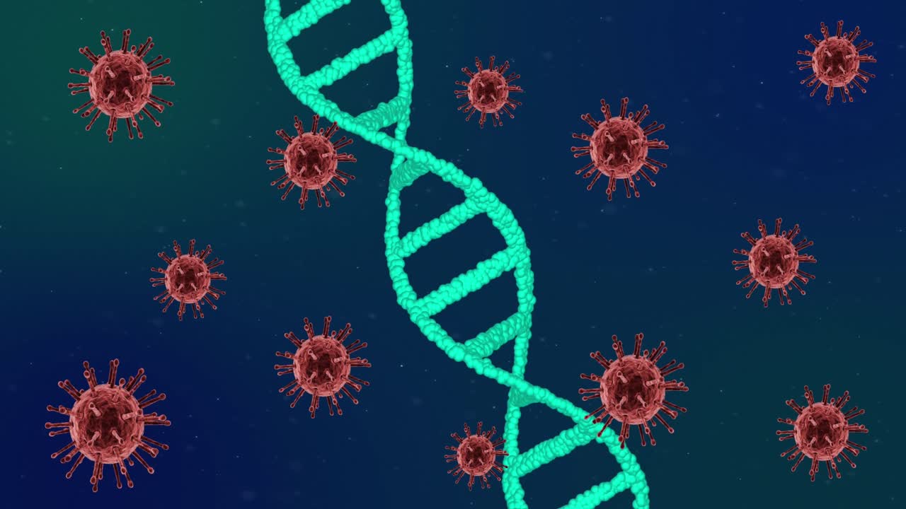 Animation of covid 19 cells moving and dna strand spinning