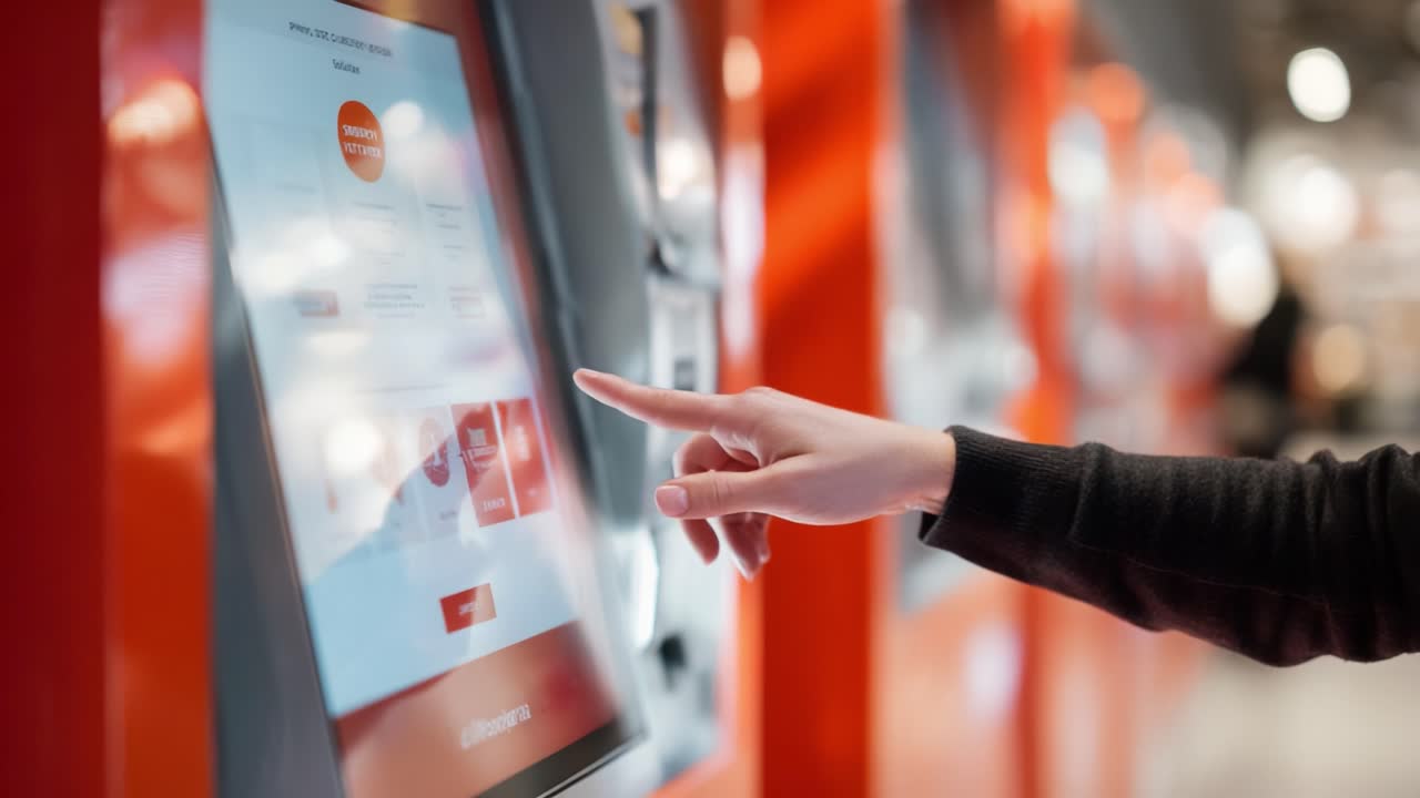 Engaging with Interactive Touchscreen Kiosk for User-Friendly Digital Experience: A Close-Up Observation of Navigating Through Options and Services Available on Display