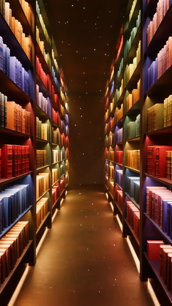 Una biblioteca con scaffali di libri colorati