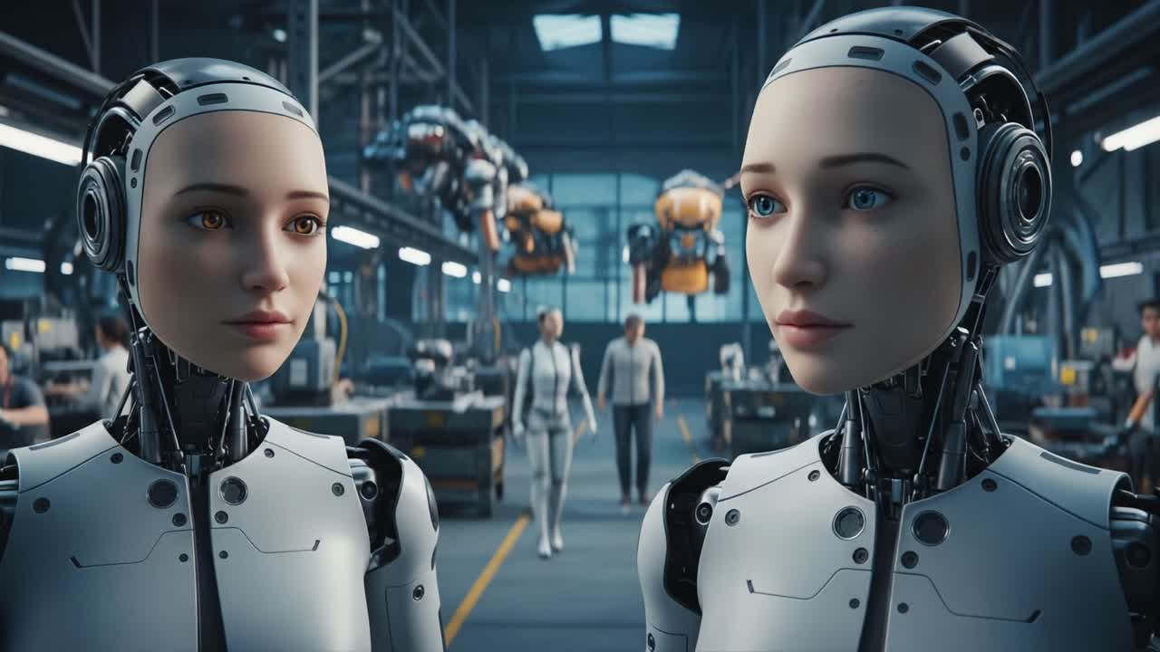 Futuristic Laboratory Featuring Humanoid Robots and Human Engineers with Advanced Technology and Industrial Equipment in a Modern Setting