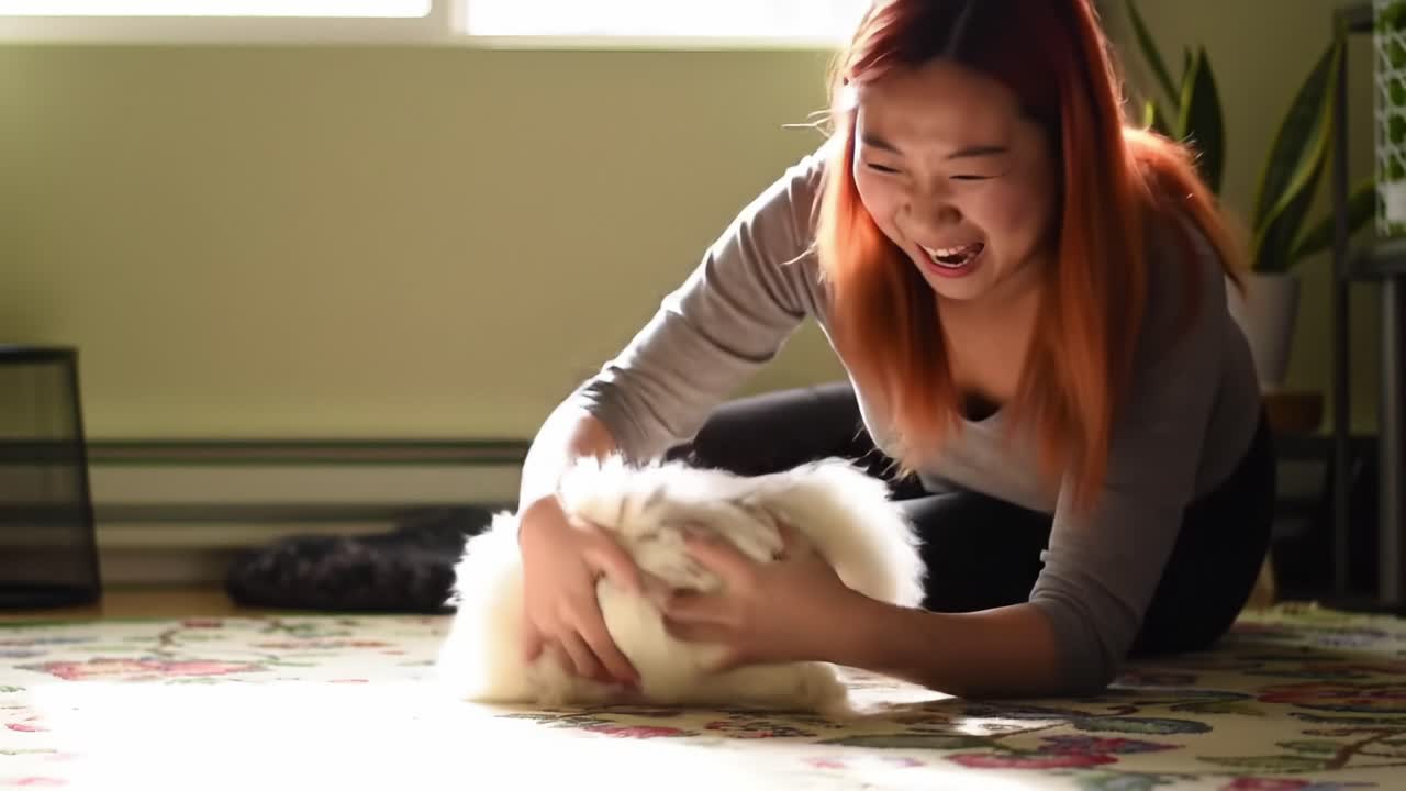 Joyful Moments Captured: A Young Woman Plays With Her Adorable Fluffy Pet, Sharing Laughter and Tenderness in a Cozy Indoor Space Filled With Natural Light