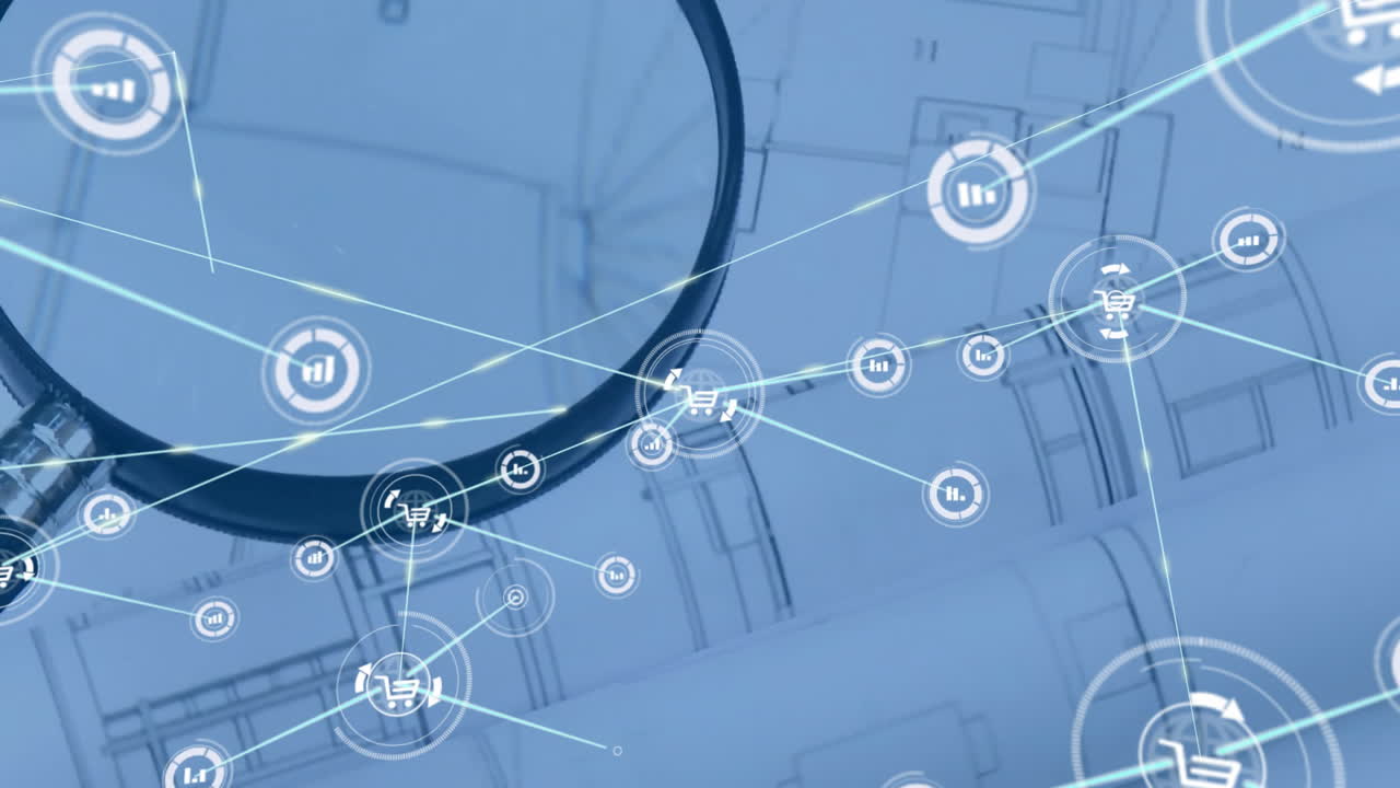 animación de la red de conexiones con iconos sobre los dibujos del arquitecto