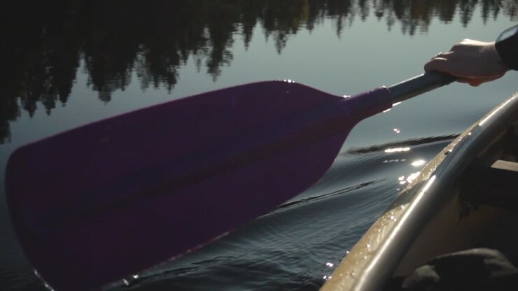 Canoe paddling strokes in beautiful lake in autumn, rear view closeup 50fps