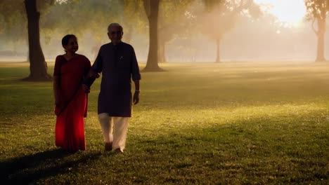 elderly couple walking in a park at sunrise