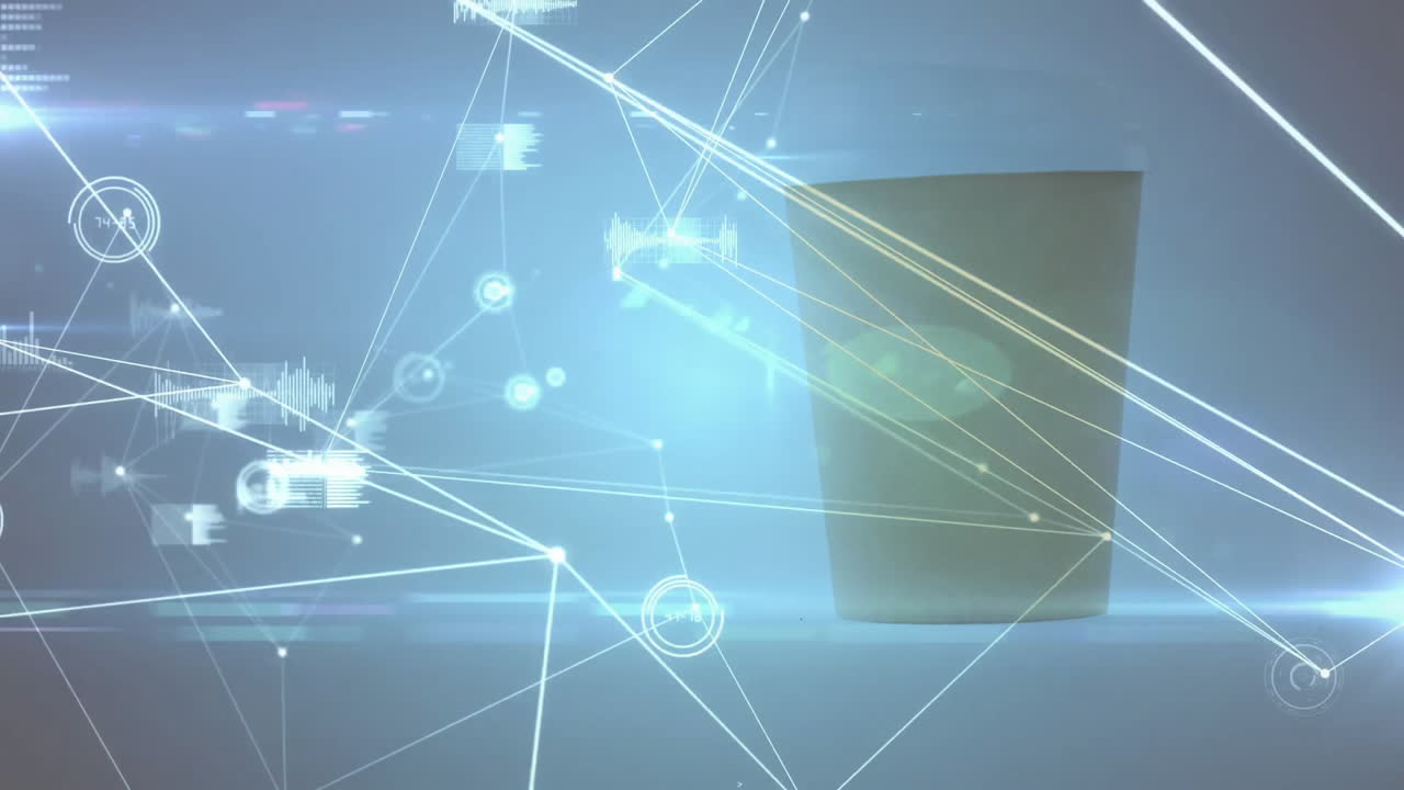 Cylindrical container glowing neon rays, network lines connecting nodes in holographic 3D render